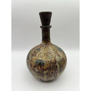 Vintage Italian Globe Liquor Decanter Bottle Old World Map Design Leather Top